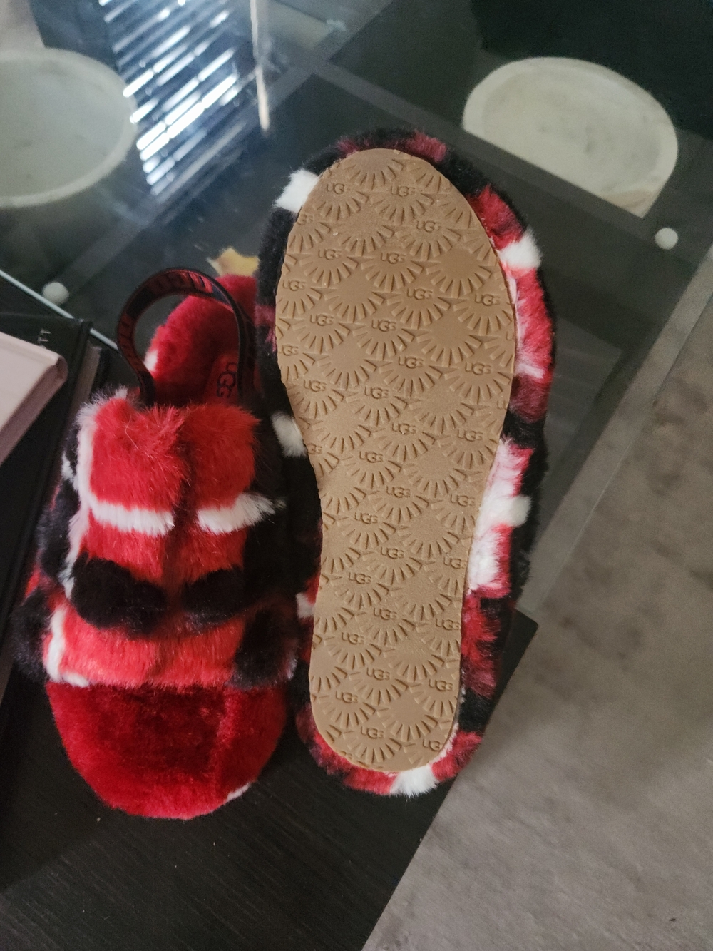 UGG Red, Black & White Plaid Plush Slide Slippers